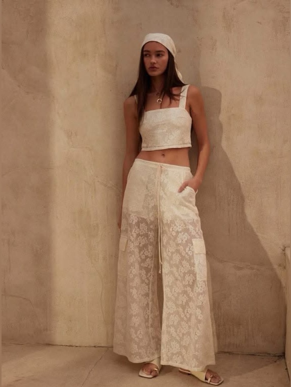 Promesa Light As Air Floral Cream Lace Drawstring Cargo Pants Medium Bohemian